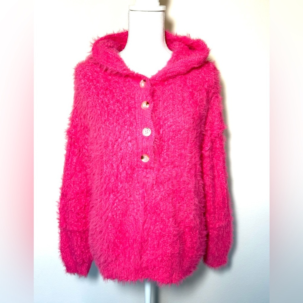 NWOT POL Hot Pink Fuzzy Hooded‎ Sweater Women Size Small